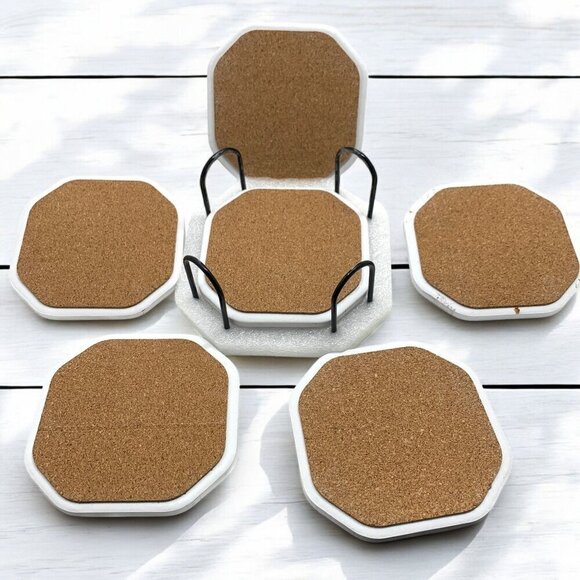 Home Sweet Home Themed Stone Coaster Set of Six With Stand White Natural Colors - Picture 4 of 4